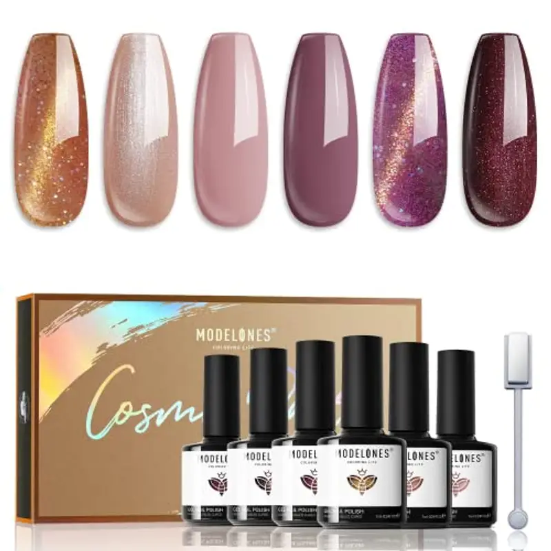 Modelones Smalto UV Gel Shellac Set Magnetico Cat Eye 6 Colori Glitter Marrone Viola Magnete Aurora Perle Pastello Gel Vernice Doppio Effetto per Primavera