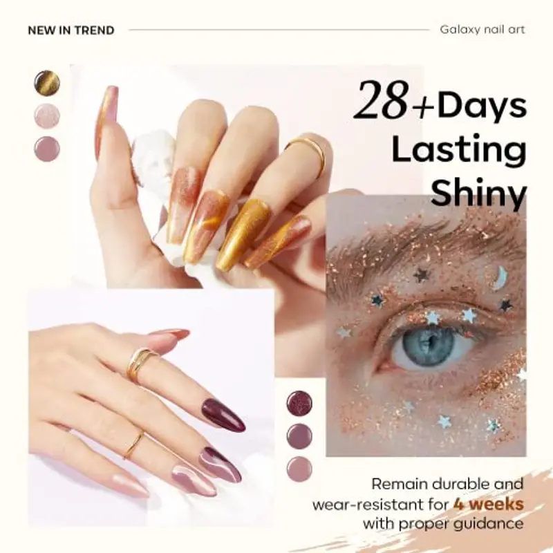 Modelones Smalto UV Gel Shellac Set Magnetico Cat Eye 6 Colori Glitter Marrone Viola Magnete Aurora Perle Pastello Gel Vernice Doppio Effetto per Primavera miniatura 2