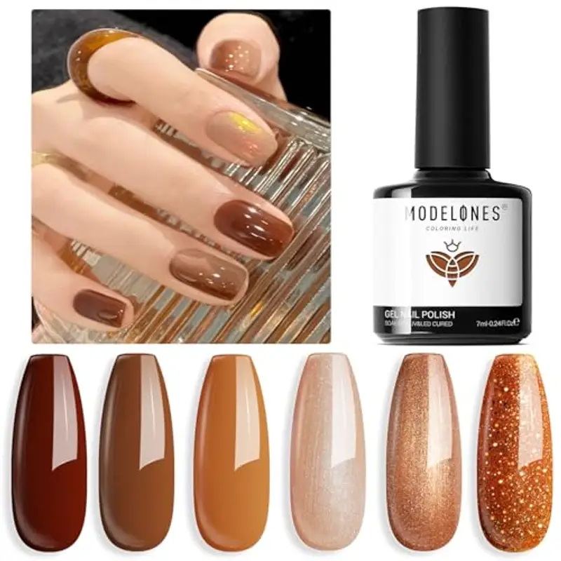 Modelones Smalto UV per unghie, 6 colori, set di smalti UV, marrone cannella Shellac Soak Off Nail Polish French Manicure per donne set regalo fai da te a casa 7 ml