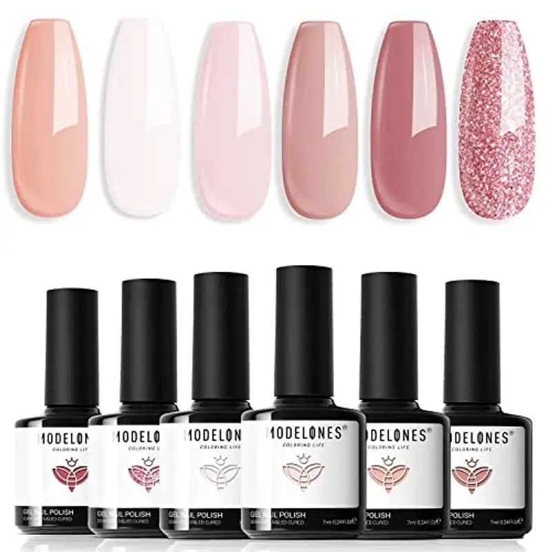 Modelones Smalto UV per unghie, 6 colori, set di smalti UV, rosa nudo glitter primavera estate pastello smalto Soak Off Nail Polish French Manicure fai da te a casa 7 ml