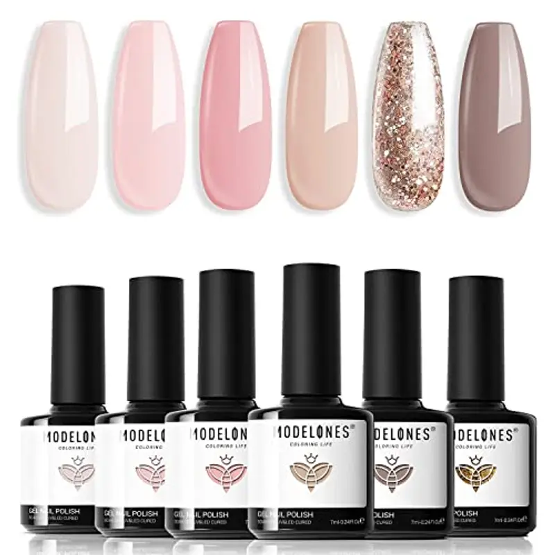 Modelones Smalto UV per unghie, 6 colori, set di smalti UV, Rosa Nudo Neutro Shellac Soak Off Nail Polish French Manicure per donne mamma set regalo fai da te a casa 7 ml