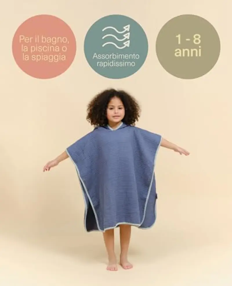 molis&co. Poncho da bagno per bambini 1-2 anni. Blue Ocean. Telo mare con cappuccio. Accappatoio per bambini leggero e compatto. (OEKO-TEX 100) miniatura 2