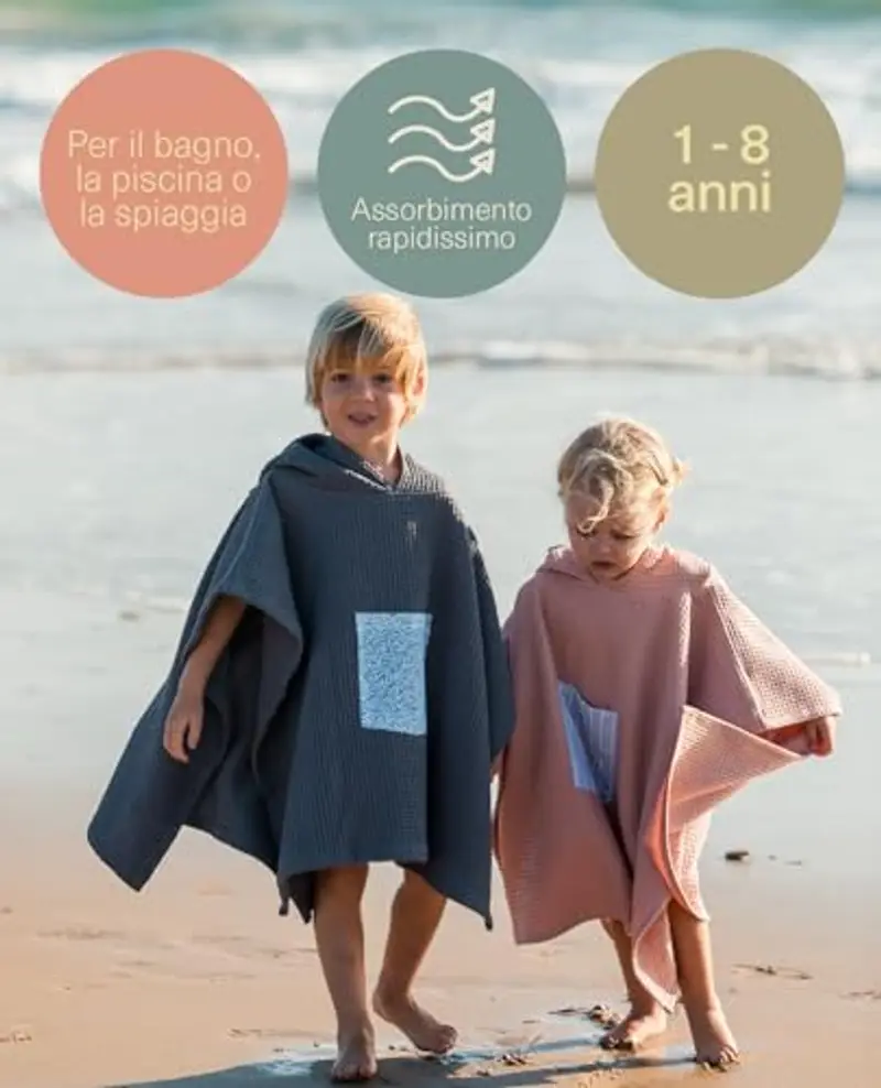 molis&co. Poncho da bagno per bambini 3-4 anni. Stripes. Telo mare con cappuccio. Accappatoio per bambini leggero e compatto. (OEKO-TEX 100) miniatura 2