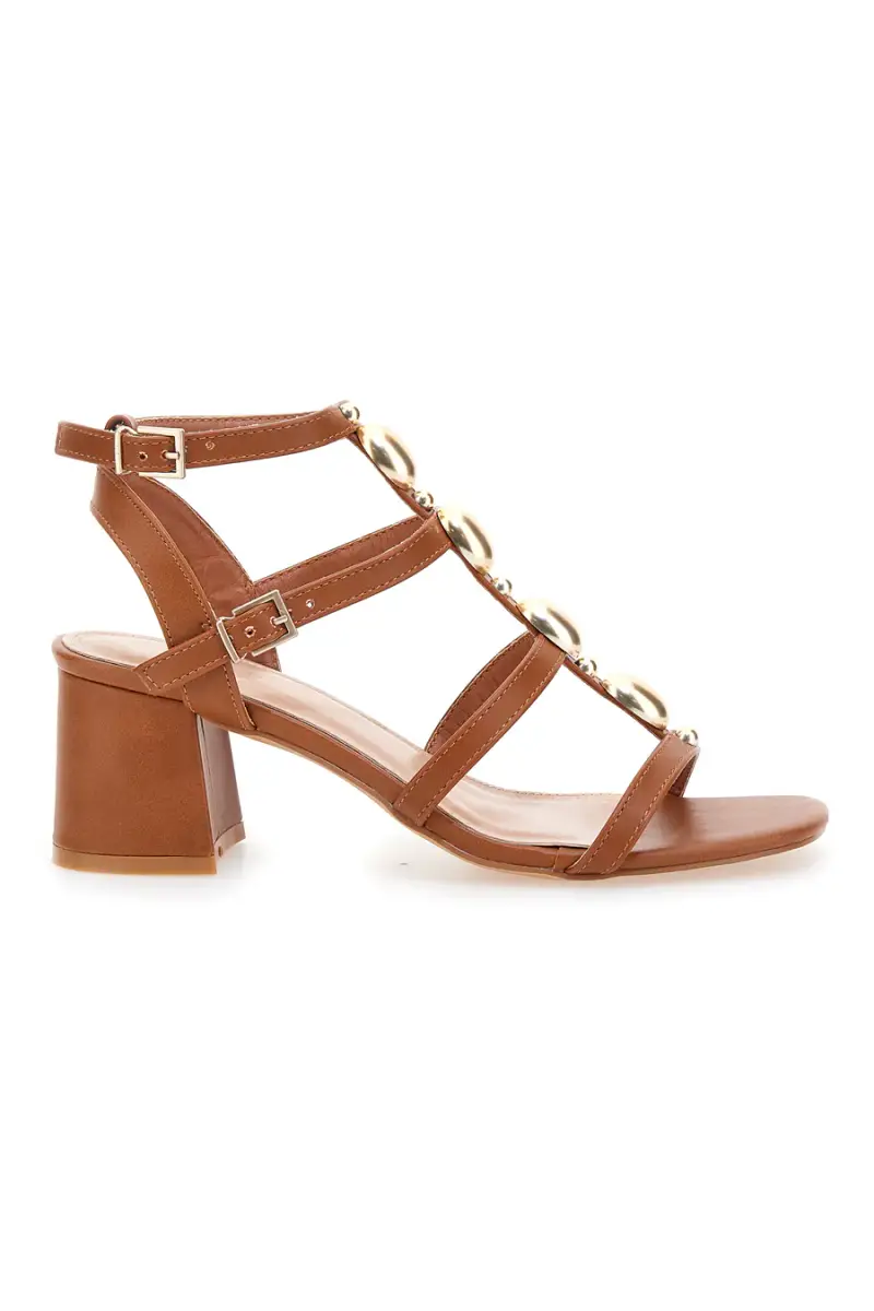 Sandali cuoio con pietre dorate e tacco largo Mon Dieu 1644 [MARRONE]