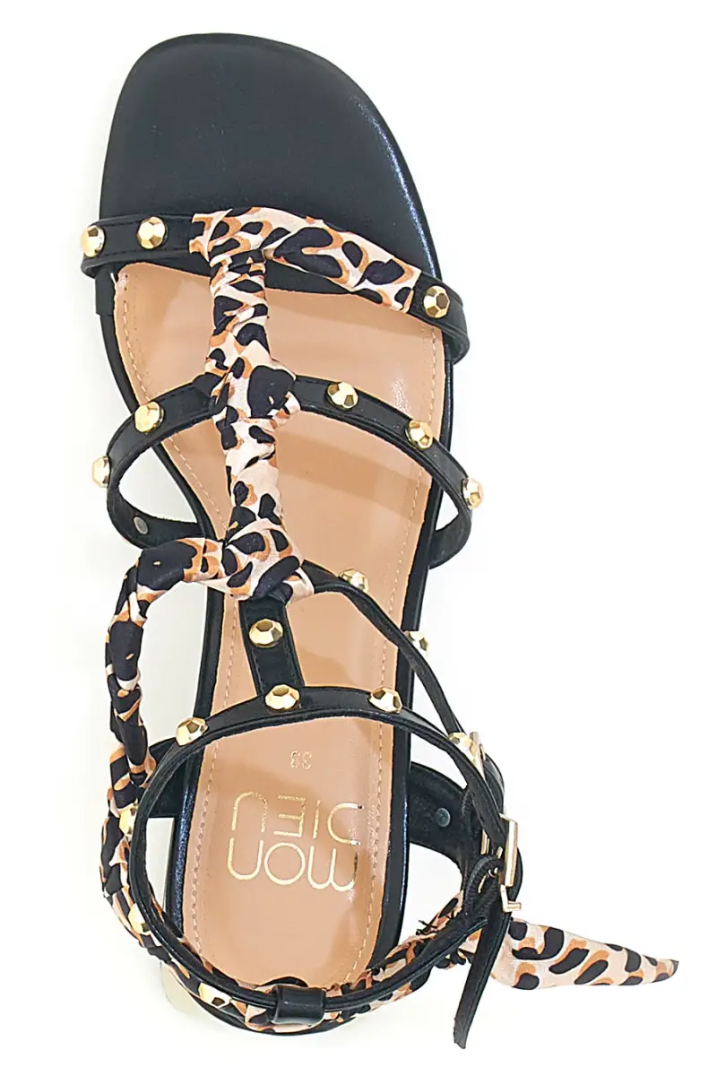 Sandali neri con borchie, lacci animalier e tacco geometrico Mon Dieu 1652 [NERO miniatura 3