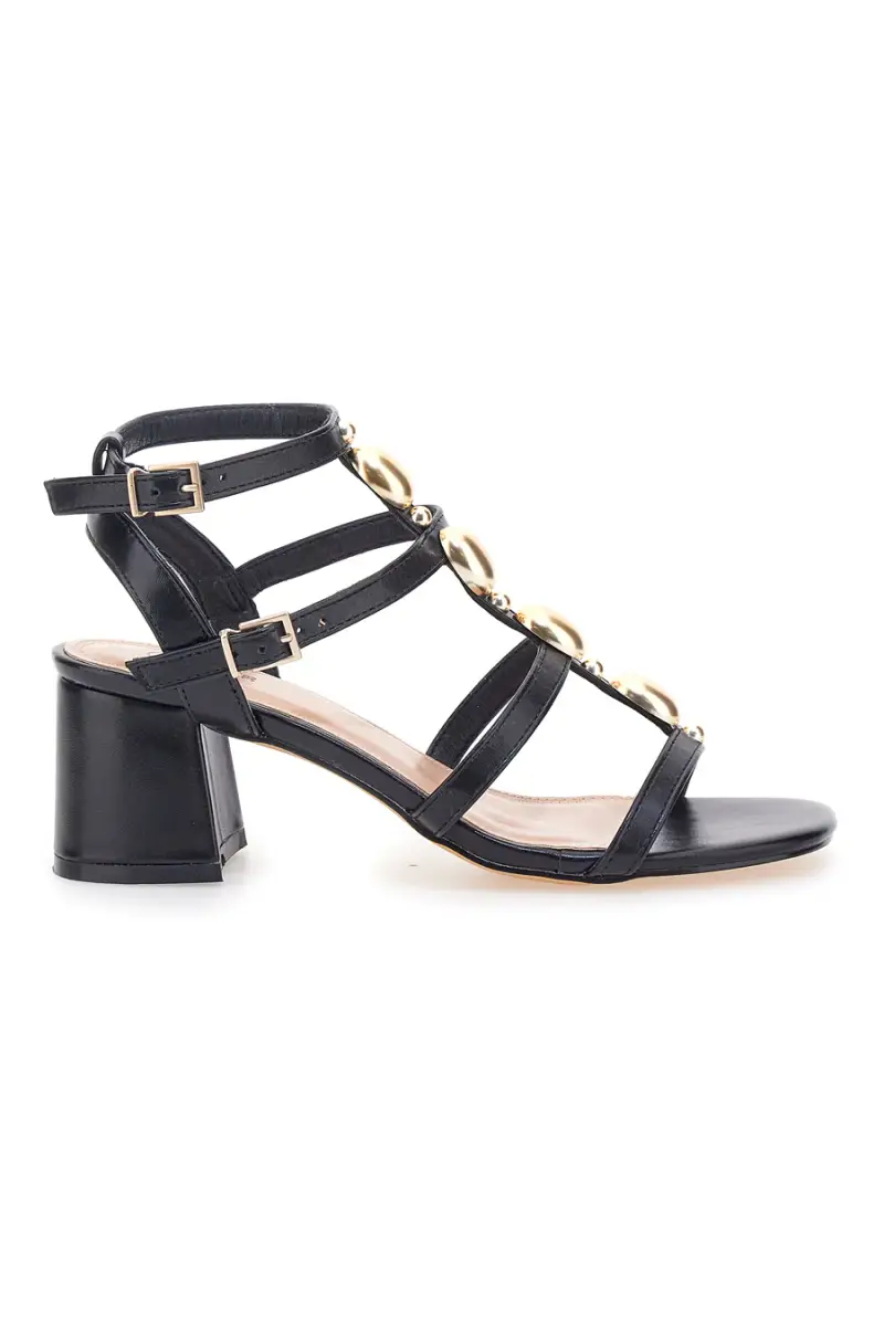 Sandali neri con pietre dorate e tacco largo Mon Dieu 1644 [NERO