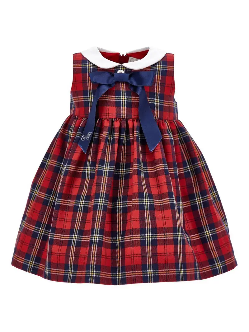 Abito a quadri rubino e blu navy con fiocco