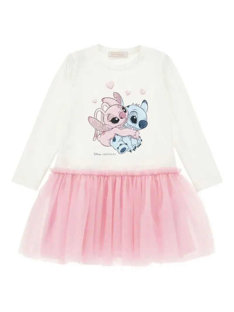 Monnalisa Kids Abito Bianco con Gonna in Tulle e Stampa Cartoon