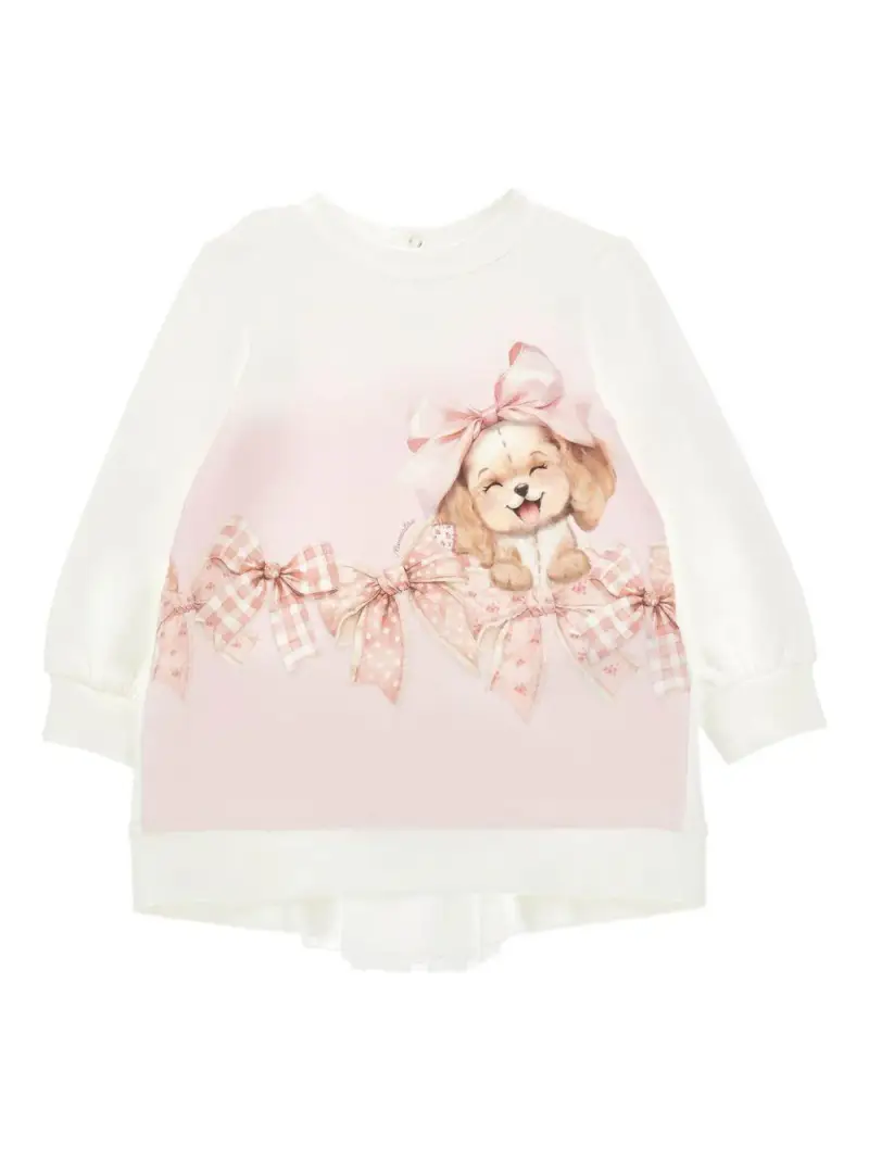 Abito Bianco Maniche Lunghe con Stampa e Chiusura Posteriore