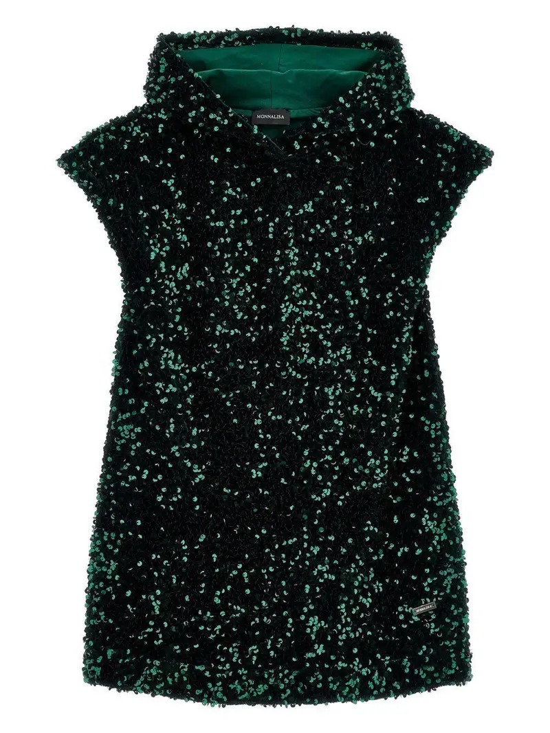 Abito Verde Scuro con Paillettes Cappuccio e Logo Verde bosco