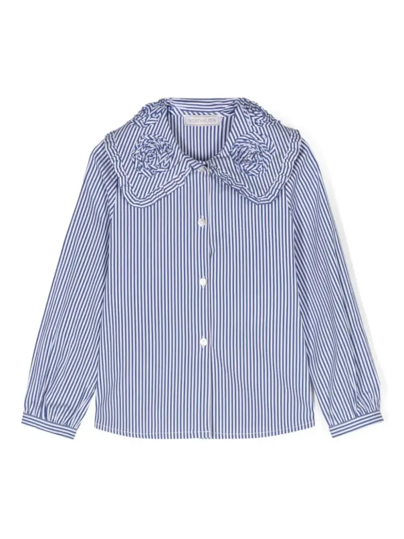 Camicia gessata blu ricami colletto Celeste