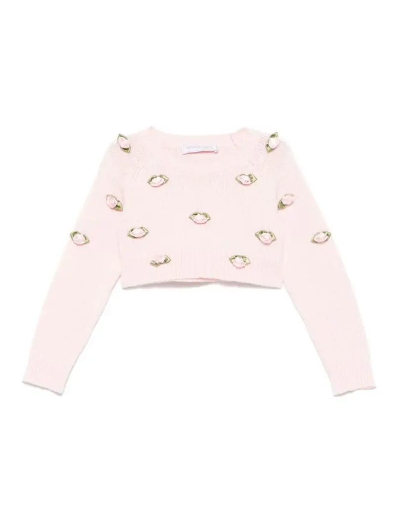 Maglione rosa con applicazione roselline rosa