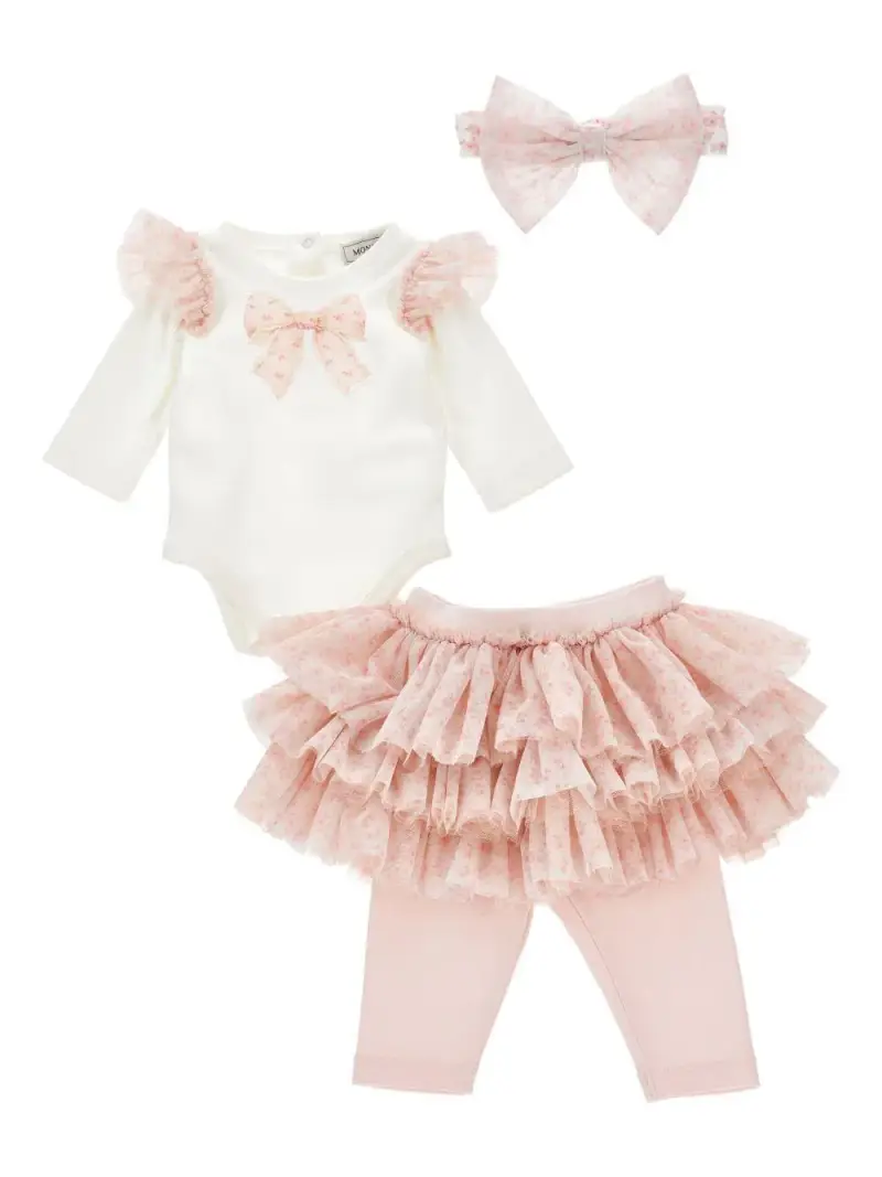 Set Pantaloni Rosa con Fiocco e Ricamo Floreale Panna