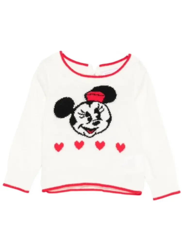 maglione bimba bianco con minnie mouse e rifiniture rosse