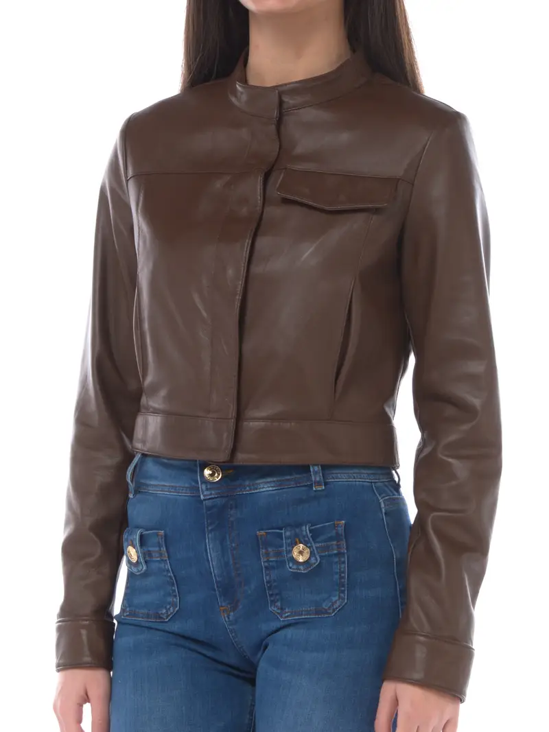 giubbino da donna in pelle con tasche MARRON