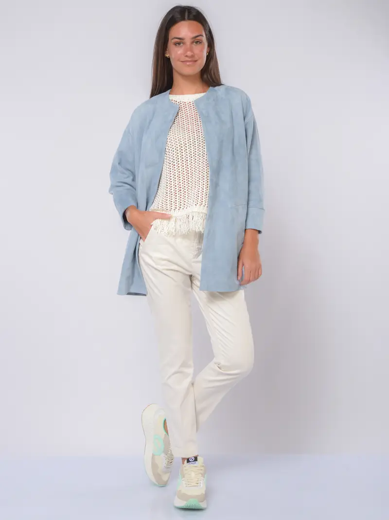 giubbino da donna Mono aperto in vera pelle scamosciata TURCHESE miniatura 2