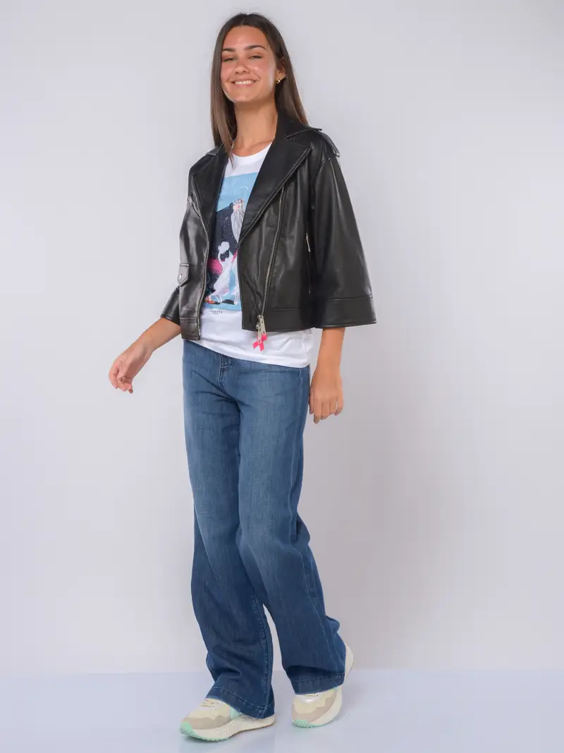 giubbino da donna Mono chiodo in vera pelle NERO miniatura 2