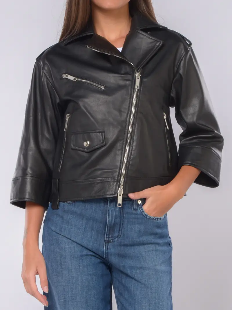 giubbino da donna Mono chiodo in vera pelle NERO