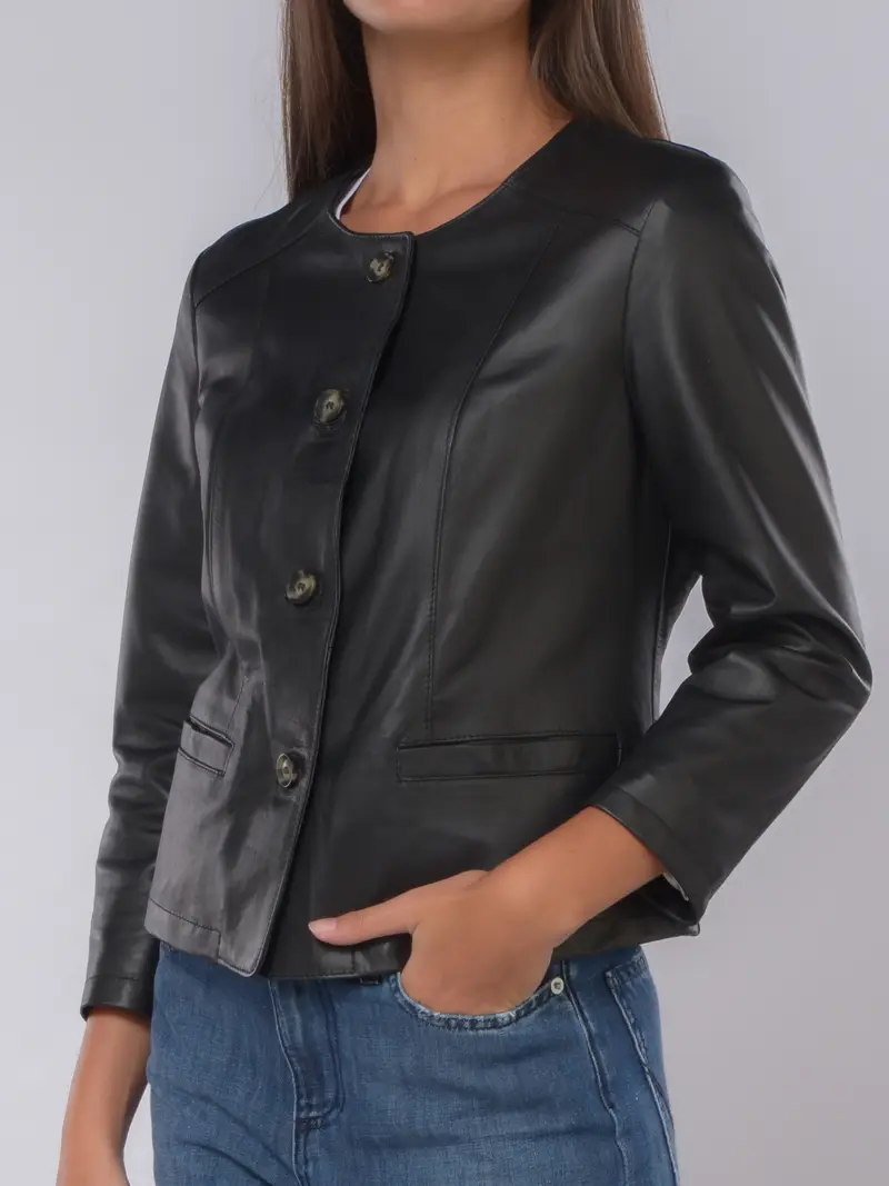 giubbino da donna Mono in vera pelle con tasche NERO
