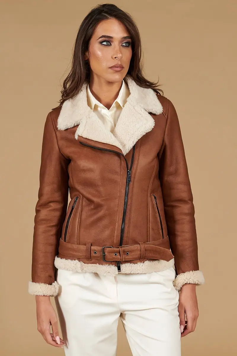 Montone shearling cuoio con cintura e cerniera trasversale D'Arienzo, Seleziona Taglia M, Colore Cuoio