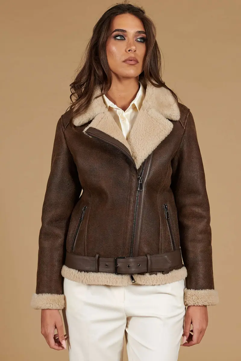 Montone shearling testa di moro con cintura e cerniera trasversale D'Arienzo, Seleziona Taglia M, Colore Testa di moro