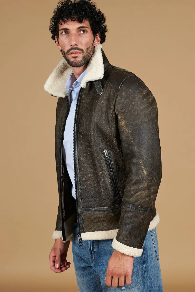 Montone testa di moro shearling biker uomo collo camicia con fibbia D'Arienzo, Seleziona Taglia 52, Colore Testa di moro