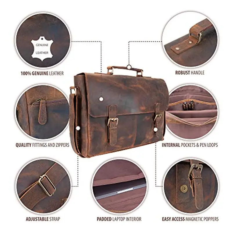 moonster® Borsa Tracolla Regolabile Donna e Uomo – in Vera Pelle di Bufalo Invecchiata – Porta PC con Scomparto Imbottito per Laptop da 16’’ + Tasche miniatura 2