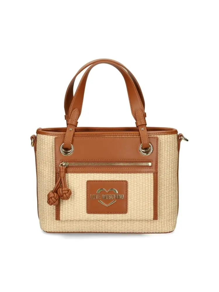 borsa a mano con tracolla in ecopelle e rafia cammello