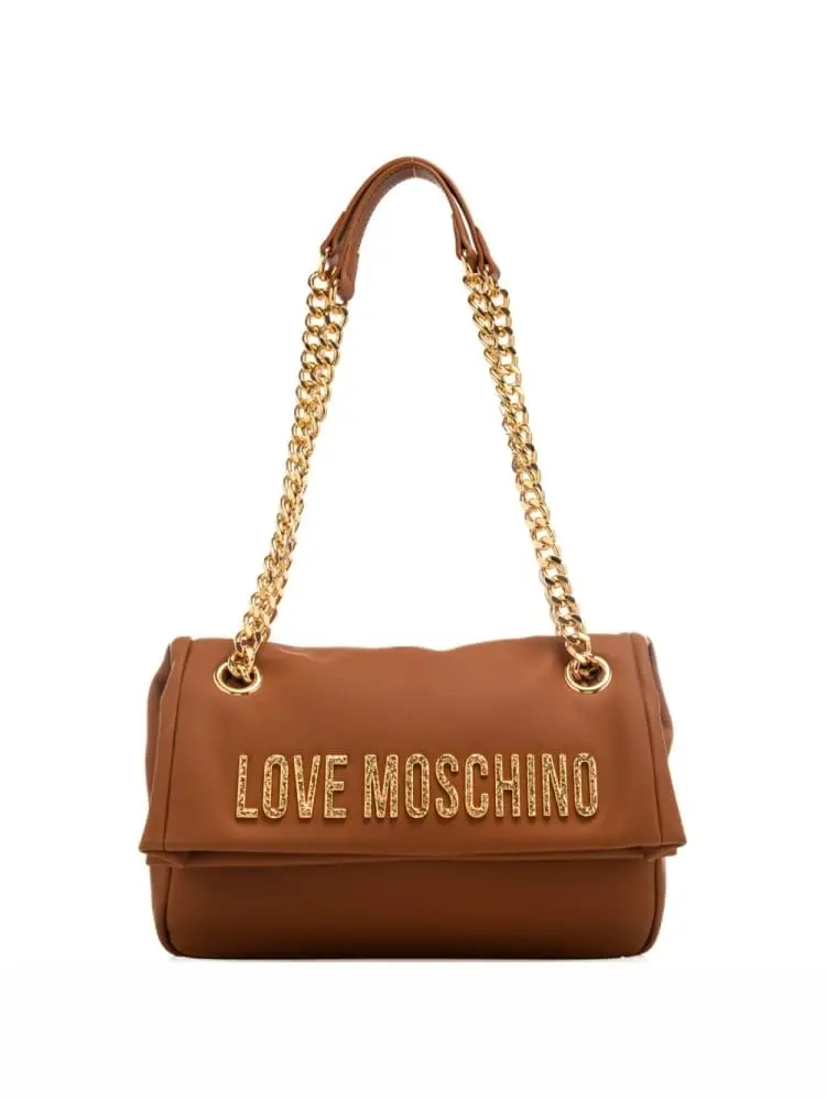 borsa a sacco ripegata in ecopelle cammello con tracolla a catena e logo lettering in metallo oro