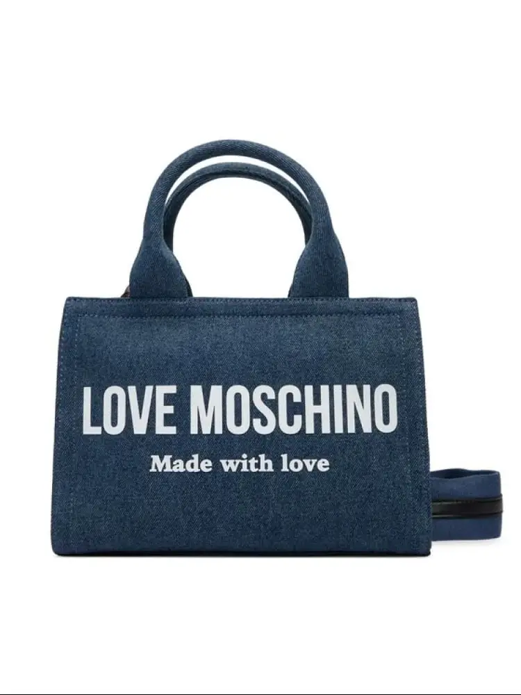borsa a tracolla in denim blu medio con logo frontale