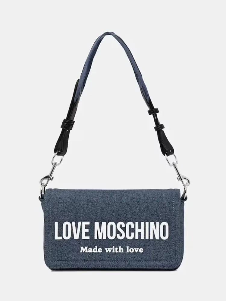 borsa a tracolla piccola in denim blu con logo frontale