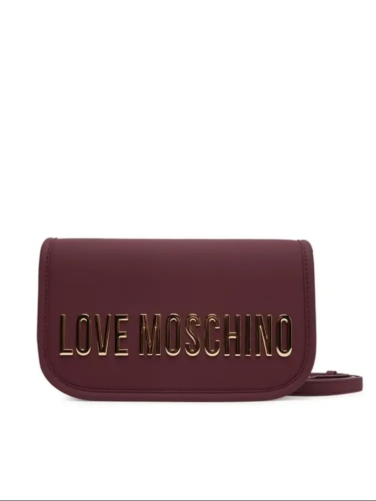 borsa piccola a tracolla in ecopelle bordeaux con logo lettering in metallo oro
