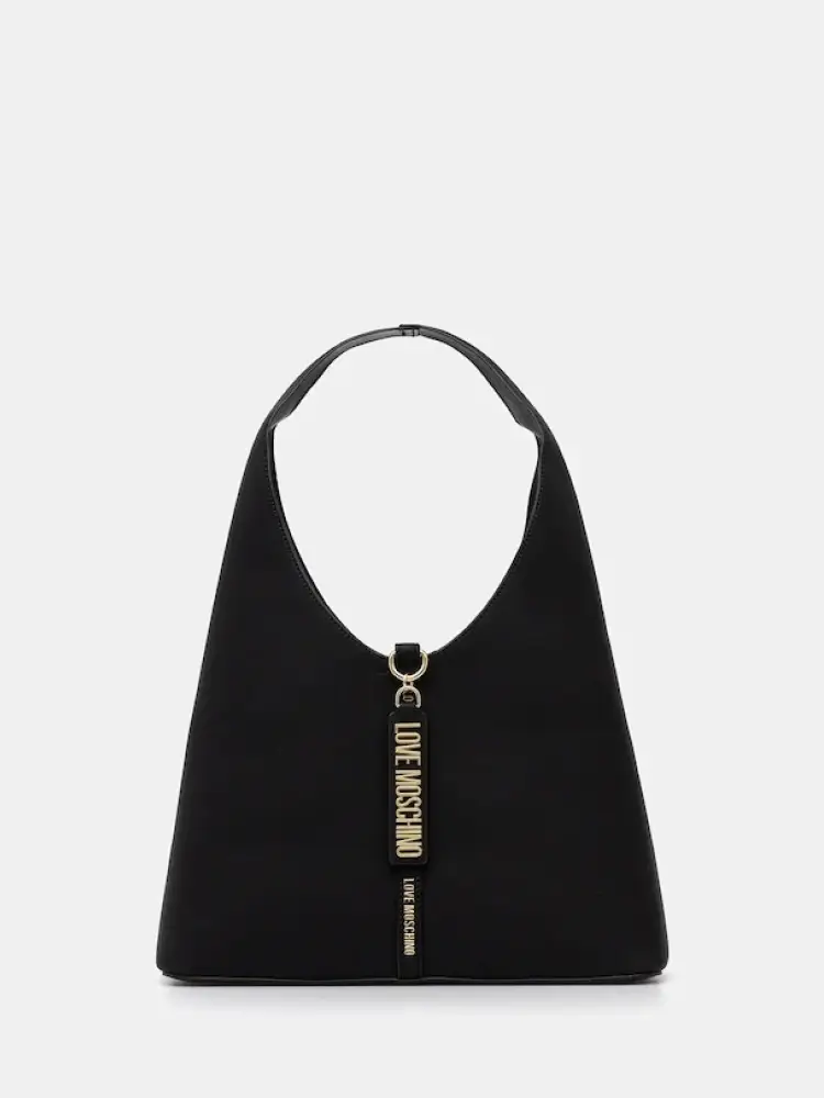 borsa secchiello in ecopelle nera con charm logato oro