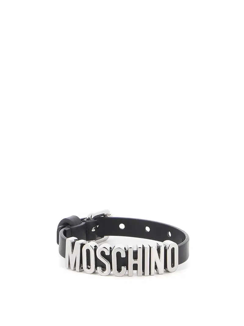 Bracciale in pelle con logo argentato Nero
