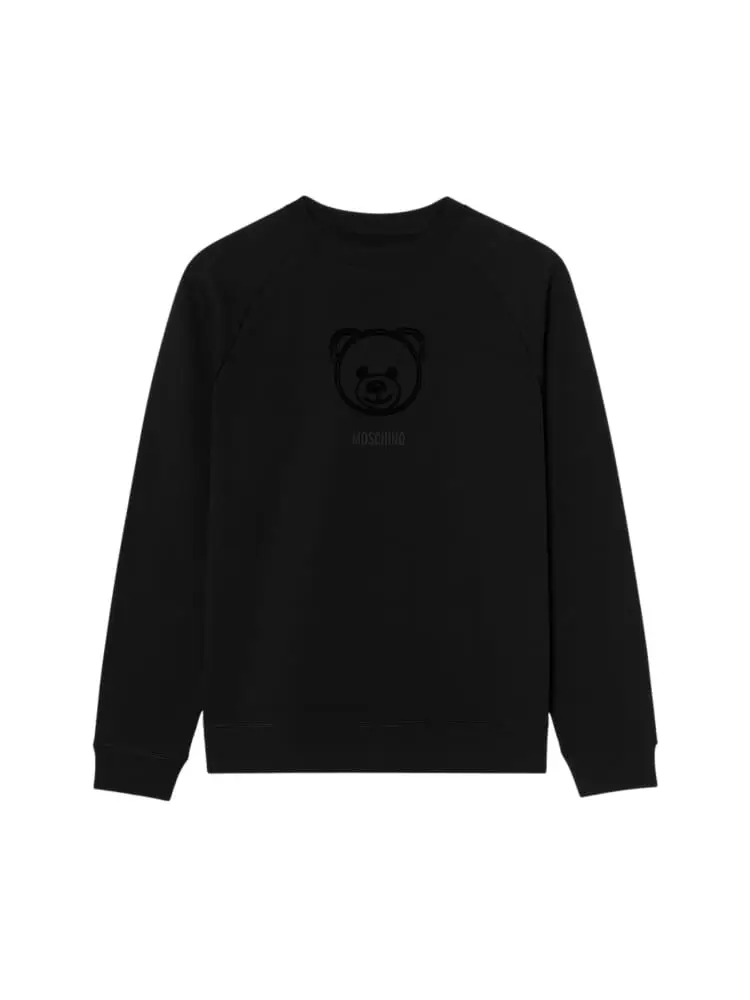 felpa girocollo in cotone nero con logo teddy in velluto liscio