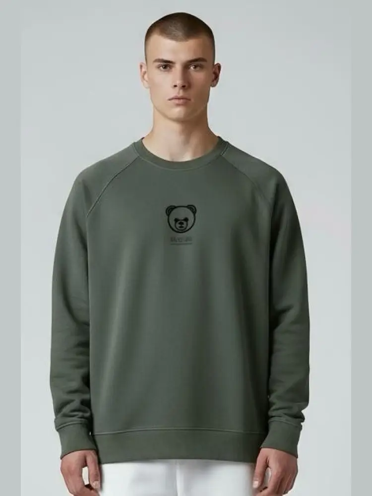 felpa girocollo in cotone verde militare con logo teddy in velluto liscio