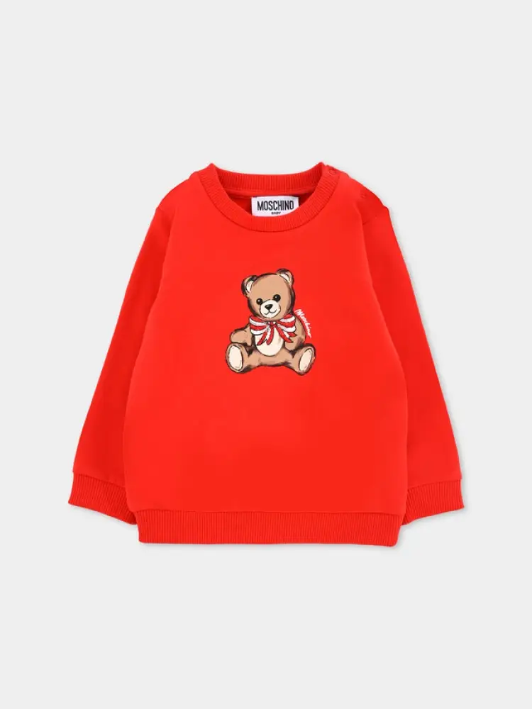 felpa infant in cotone rosso con stampa teddy e paillettes