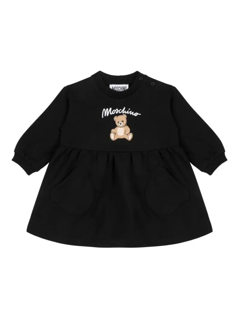 Abito nero con dettaglio orso, vita arricciata e maniche lunghe