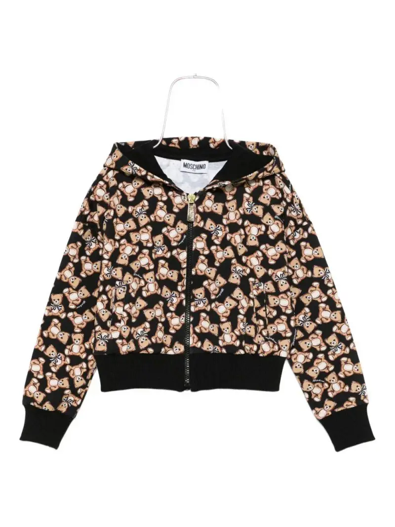 Felpa Nera con Cappuccio e Stampa Orsetto Nero