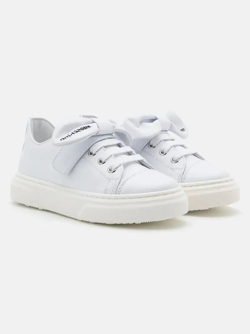 Sneakers in pelle di vitello bianca con fiocco logo Bianco miniatura 2