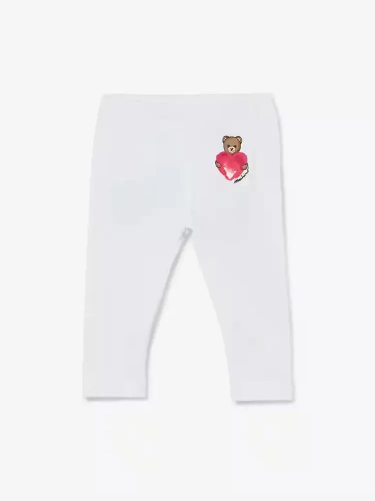 leggings infant in cotone bianco con logo teddy cuore
