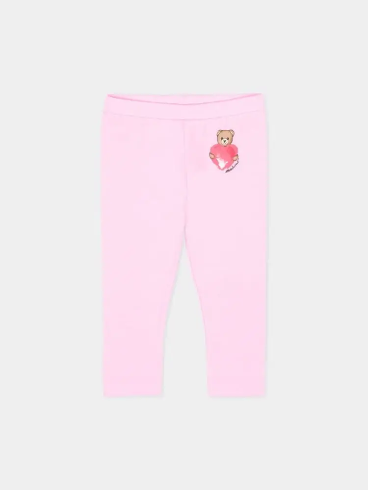 leggings infant in cotone rosa con logo teddy cuore