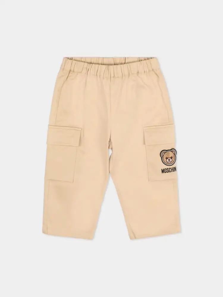 pantalone cargo infant in cotone beige con patch teddy