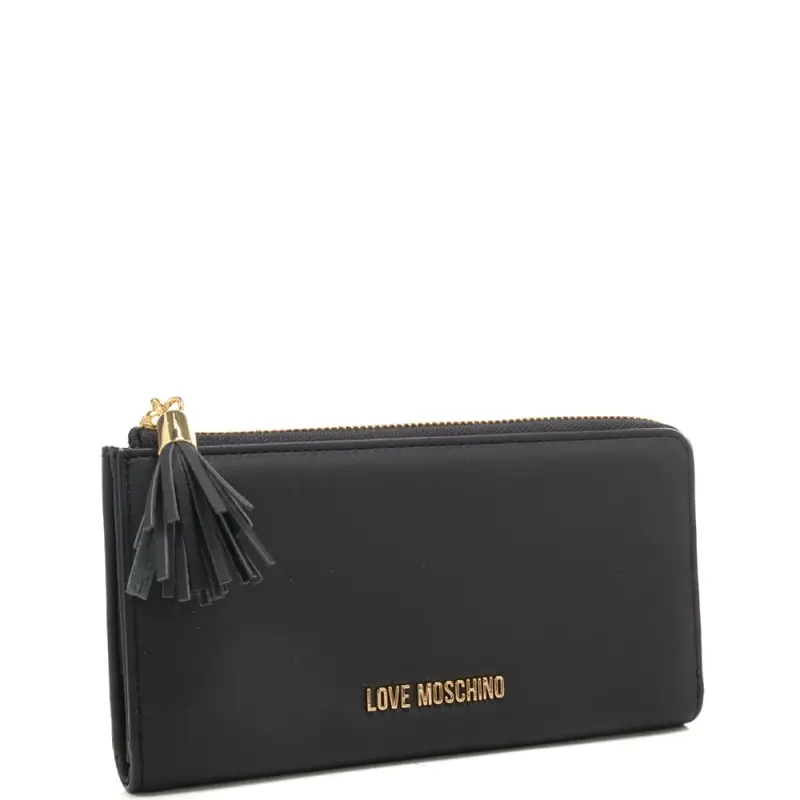 portafoglio grande da donna con logo lettering in metallo sul davanti e nappina nero miniatura 2