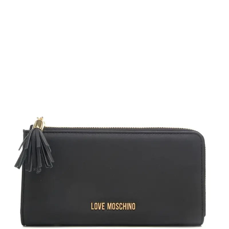 portafoglio grande da donna con logo lettering in metallo sul davanti e nappina nero