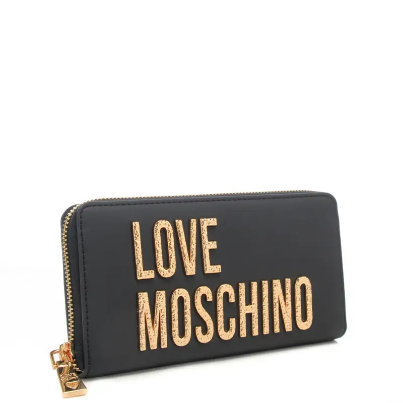 portafoglio grande da donna con maxi logo lettering in metallo dorato scabro nero miniatura 2