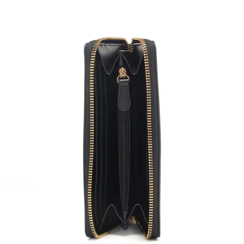 portafoglio grande da donna con maxi logo lettering in metallo dorato scabro nero miniatura 3