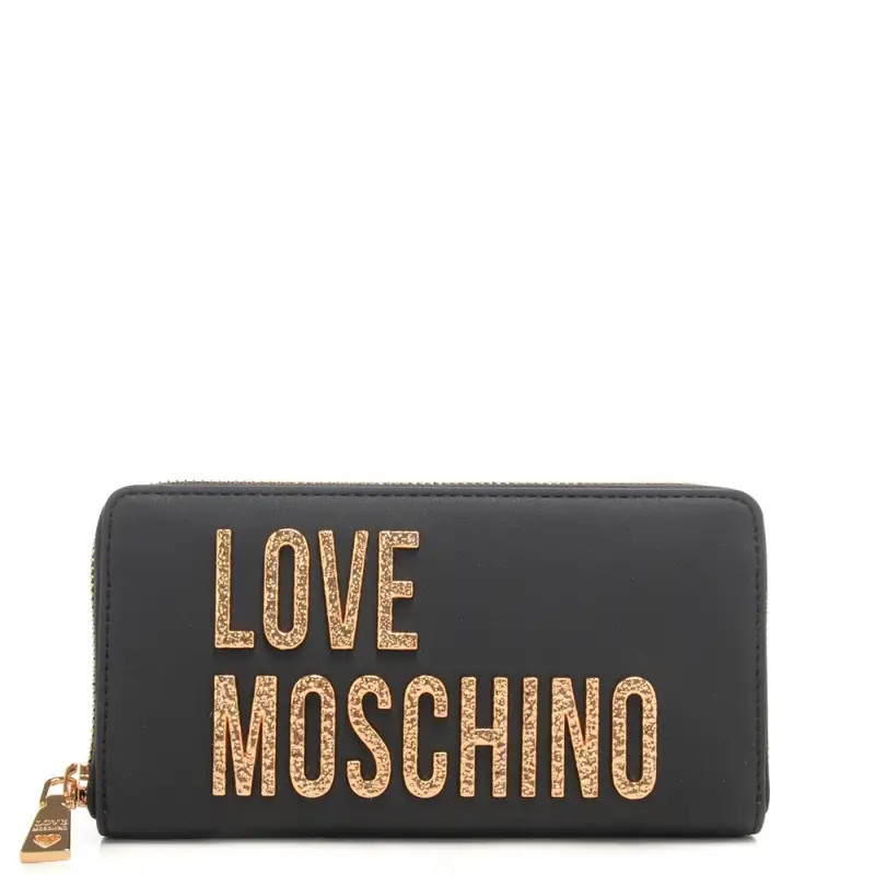 portafoglio grande da donna con maxi logo lettering in metallo dorato scabro nero