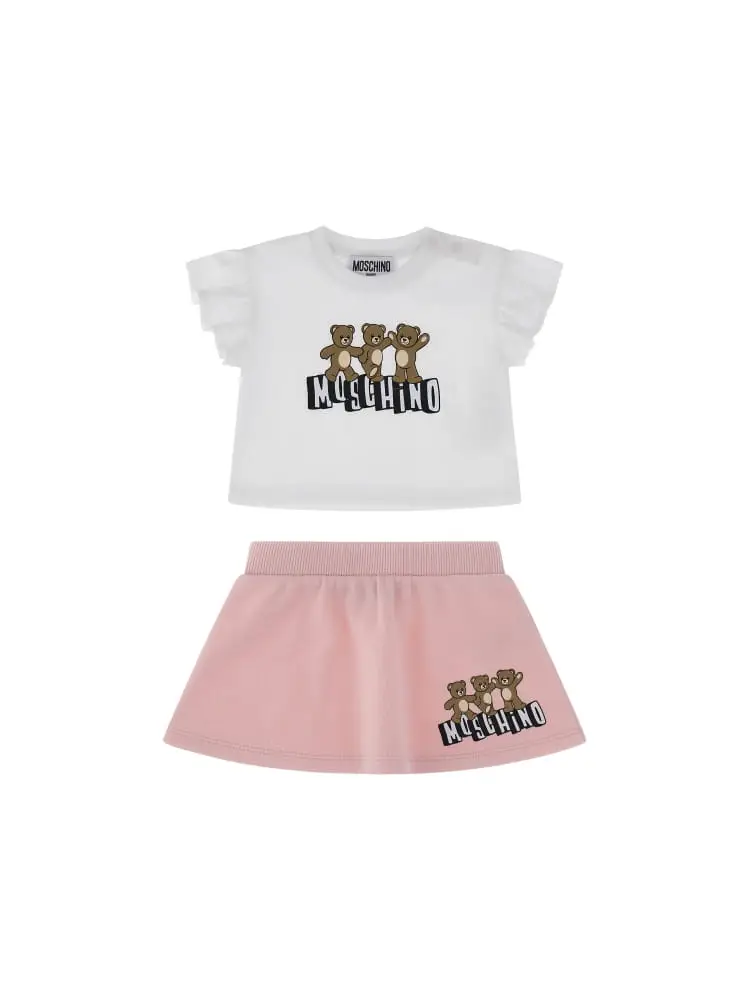 set infant t-shirt e gonna bianco e rosa con stampa teddy