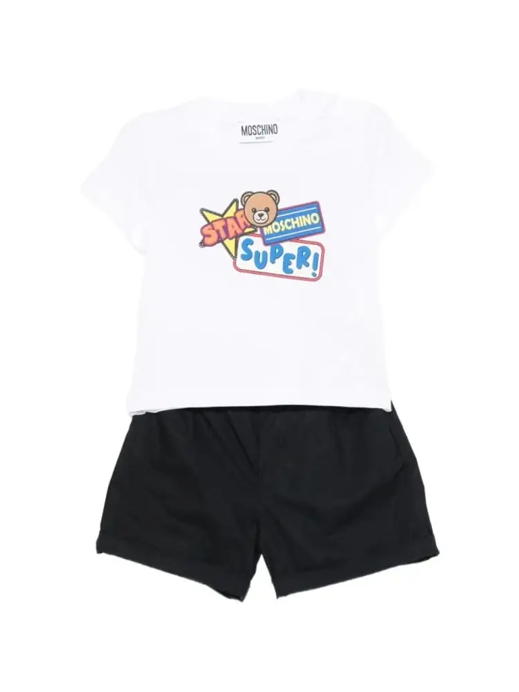 set infant t-shirt e short bianco e nero con stampa logo teddy